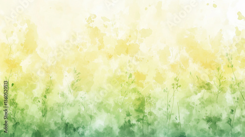 Soft watercolor landscape illustrating gentle hues of green and yellow in a serene natural setting