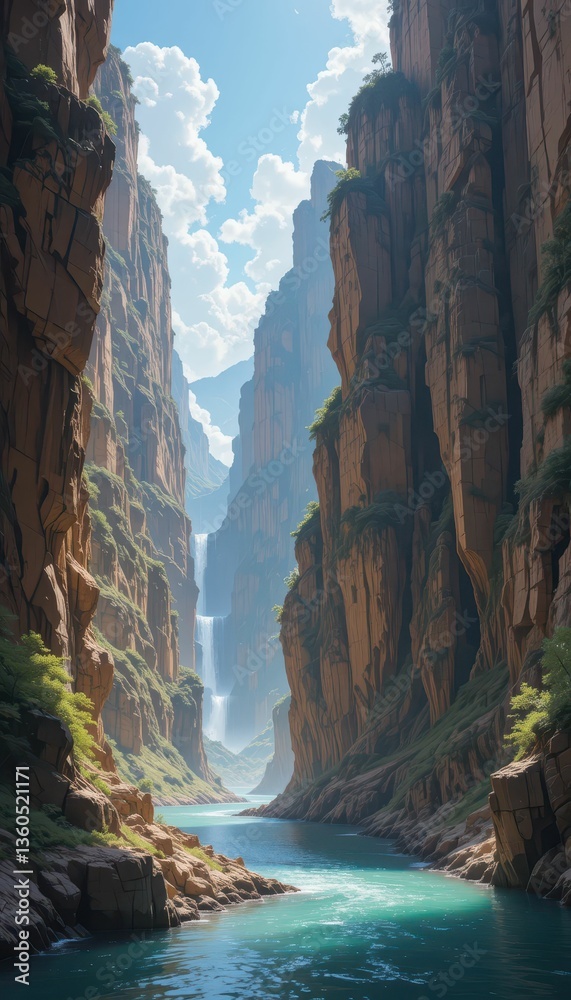 Fototapeta premium Serene Canyon Landscape with Waterfall Surrounded by Majestic Cliffs
