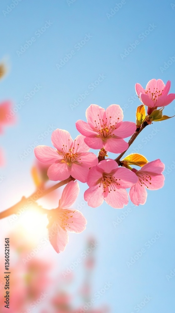 Obraz premium Tranquil Spring Blossom Visual Delicate Pink Cherry Blooms on Sunlit Branch, Soft Focus - Seasonal Natural Beauty for Eco-Friendly Brand Marketing and Growth Representation