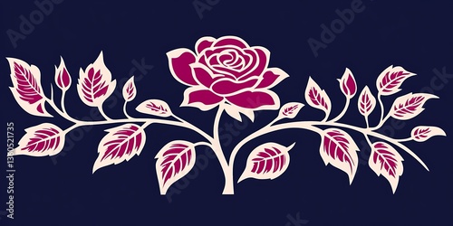 A stylized botanical illustration featuring a rose and foliage