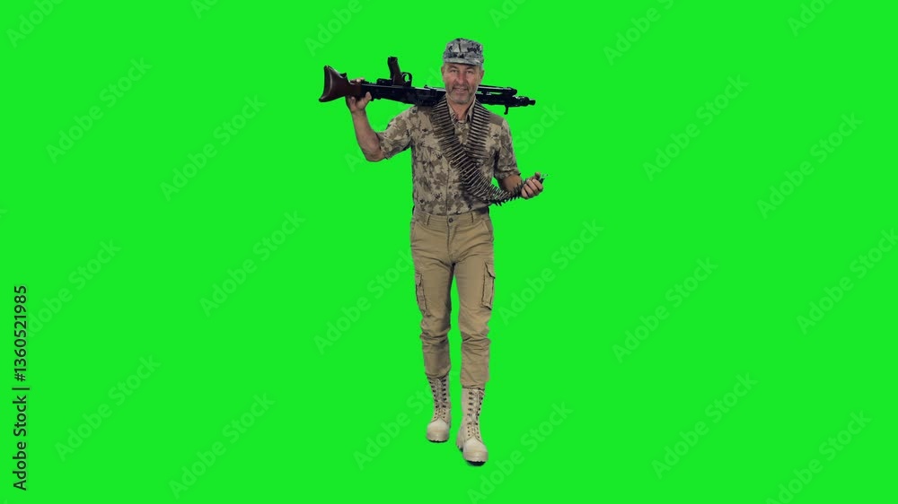 Cinematic style of mid-aged man soldier in military khaki uniform walking with machine gun and cartridge belt on green chroma key background, 4k pre-keyed footage