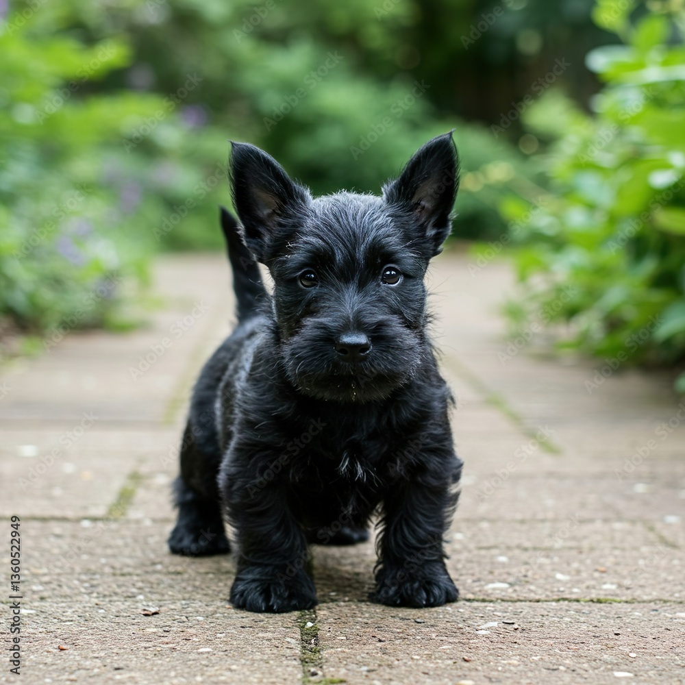 Adorable Scottish Terrier Puppy with Bushy Eyebrows on Stone Path – Cute Black Dog Outdoors Adorable Scottish Terrier Puppy with Bushy Eyebrows on Stone Path – Cute Black Dog Outdoors