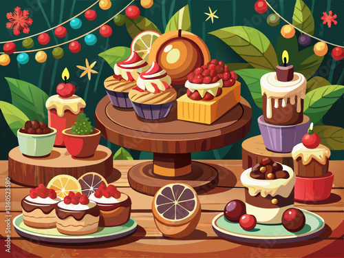 vector of holiday dessert display, mini cheesecakes displayed on a rustic wooden table with christmas decorations in the background and space for text