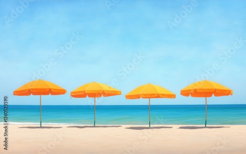 Bright Orange Beach Umbrellas on Calm Blue Ocean