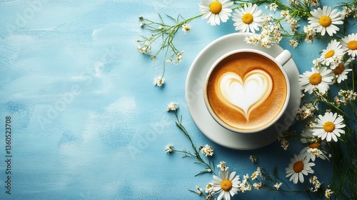 A blue background sets the scene for a coffee cup with heart latte art, surrounded by chamomile flowers, representing a lifestyle of relaxation, coziness, and appreciation for warm drinks