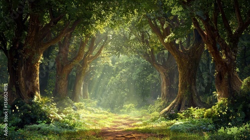 Fototapeta Naklejka Na Ścianę i Meble -  A beautiful fairytale enchanted forest with big trees and great vegetation. Digital painting background.