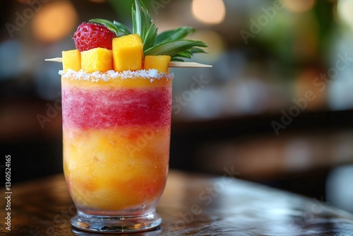 Refreshing layered mango and strawberry smoothie garnished with fresh fruit
