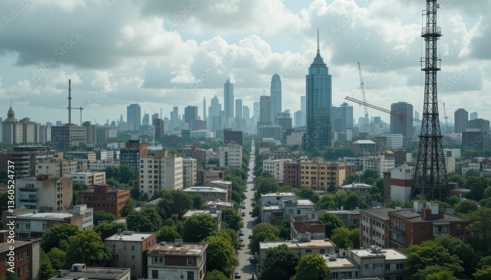 Obraz premium Urban Skyline View Over Cityscape with Modern Buildings and Cloudy Sky