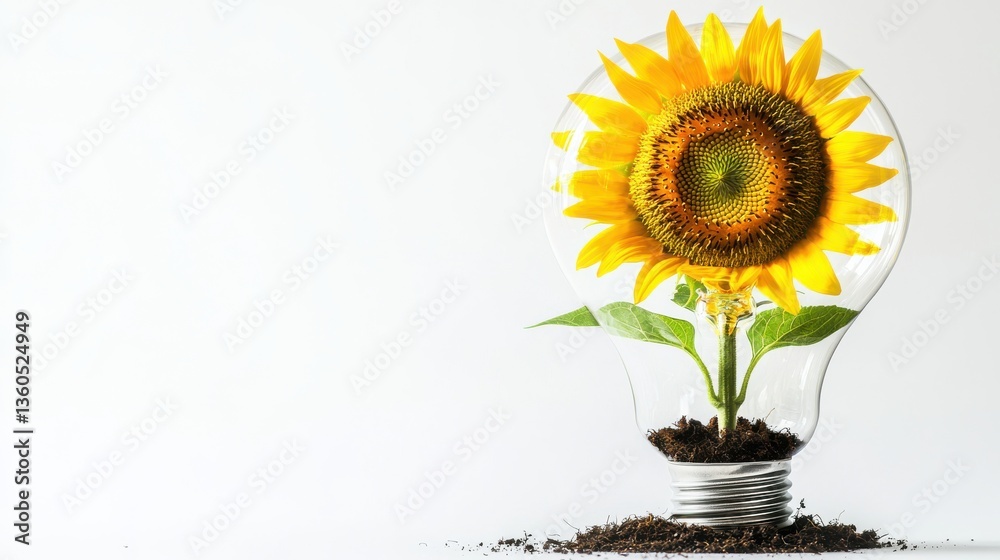 Obraz premium A glowing sunflower stands in soil inside a glass lightbulb, representing innovation, eco-consciousness, and the power of nature flourishing, isolated on a white background.