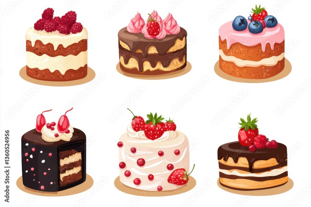 Set of cute and delicious cakes with berries, chocolate, and cream, isolated on a white background. Vector illustration Set of cute and delicious cakes with berries, chocolate, and cream, isolated on a white background. Vector illustration