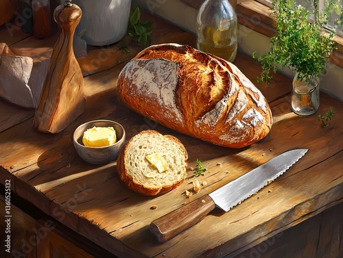 A wooden kitchen table with a fresh loaf of bread a bread knife and a small bowl of butter