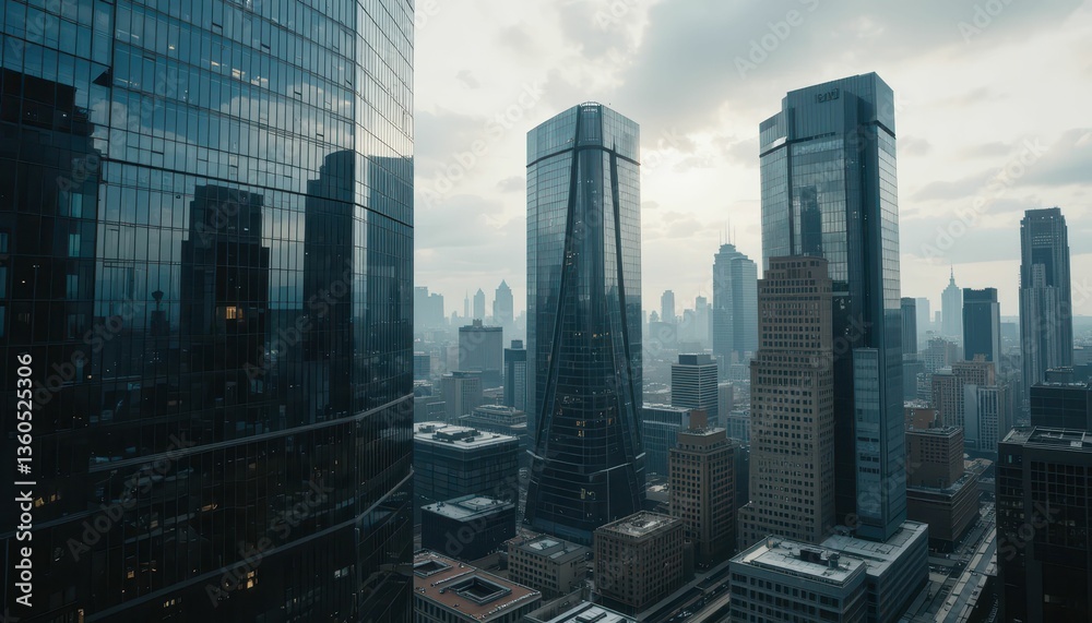 Obraz premium Modern Cityscape with Skyscrapers Under Dramatic Cloudy Sky