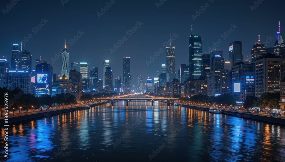 Obraz premium Vibrant City Skyline Reflected in Water at Night with Illuminated Buildings