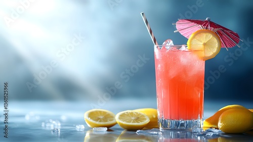 Refreshing summer cocktail garnished with lemon and a colorful umbrella in a bright setting