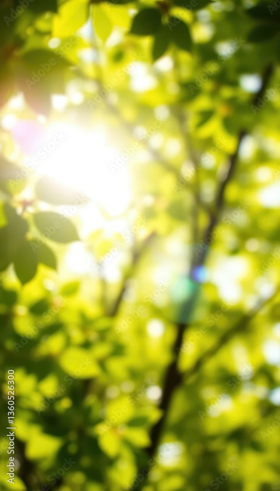 Obraz premium Vibrant green bokeh, sunlit spring leaves, summer glow, spring, June