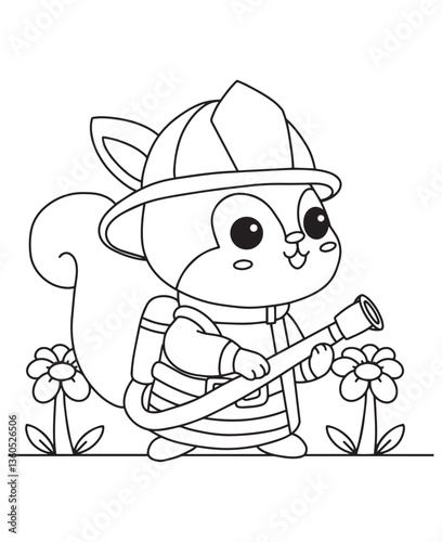 Coloring book squirrel firefighter with a helmet and hose among flowers. Fun line art for coloring, featuring a rescue scene