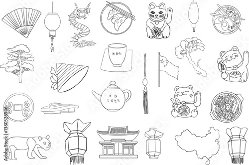 China set of hand drawn illustrations. Outline vector graphics, great for Chinese New Year, travel cards and coloring books. Line art lucky cats, dragon, lanterns, food, house, teapot, flag, trees