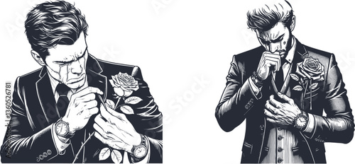 Engraved Design Emotional Man in Suit, Crying with Intense Expression, One Hand Holding Watch, Other in Pocket man crying, vintage illustration, watch, suit, intense, black-and-white, emotional,