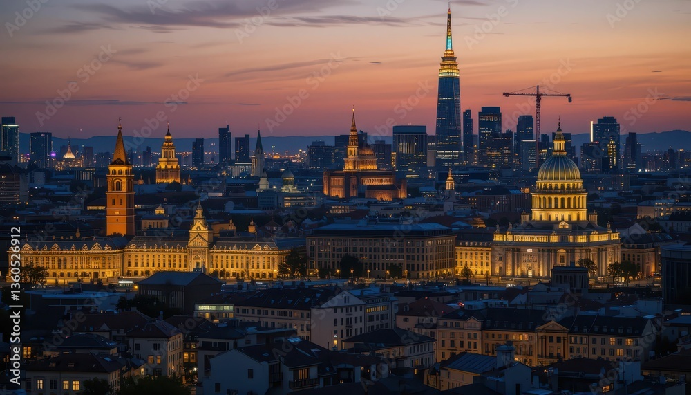 Obraz premium Stunning City Skyline at Dusk with Illuminated Buildings