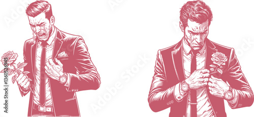 Engraved Emotional Man in Suit, Crying with Intense Expression, One Hand Holding Watch, Other in Pocket Design pink 