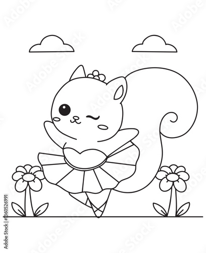 Coloring book squirrel ballerina in a tutu dancing among flowers. Fun line art for coloring, featuring a dance scene with clouds
