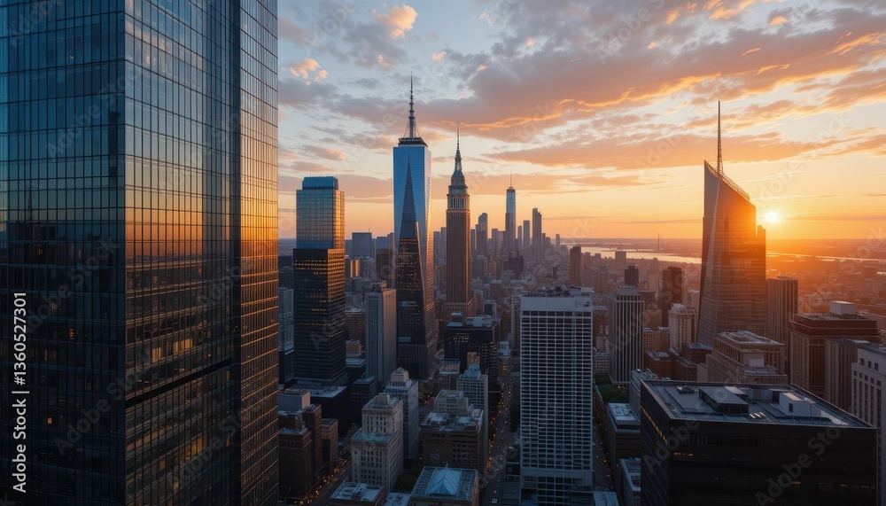 Fototapeta premium Stunning Sunset Over City Skyline with Dramatic Cloud Formation