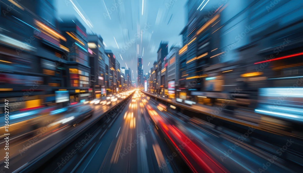 Fototapeta premium Urban Traffic Motion Blur at Dusk with Vibrant City Lights