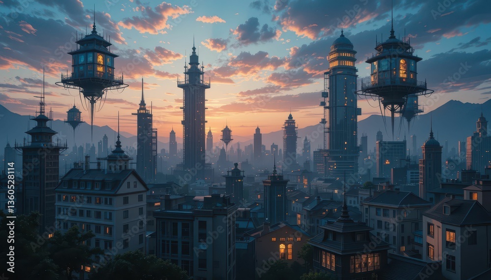 Fototapeta premium Futuristic Cityscape with Floating Towers at Sunset in Dreamlike Atmosphere