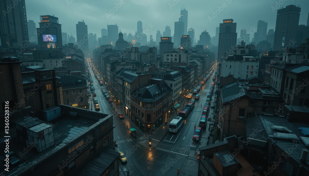 Obraz premium Urban Cityscape in Rainy Weather with Dramatic Twilight Sky