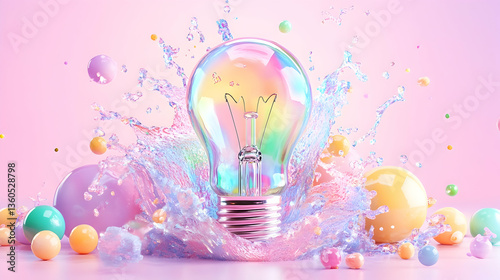 Iridescent Lightbulb Splashing in Pastel Background