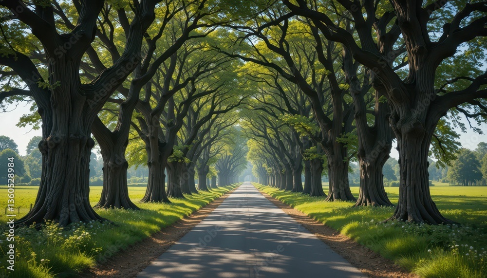 Fototapeta premium Scenic Tree-Lined Pathway Under Bright Blue Sky with Green Foliage