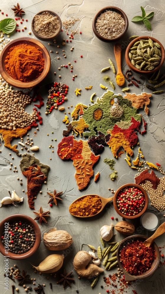 Abstract world map of spices and spices on gray background, emphasizing the diversity of flavors. Background for culinary blogs, restaurant menus, travel guides.