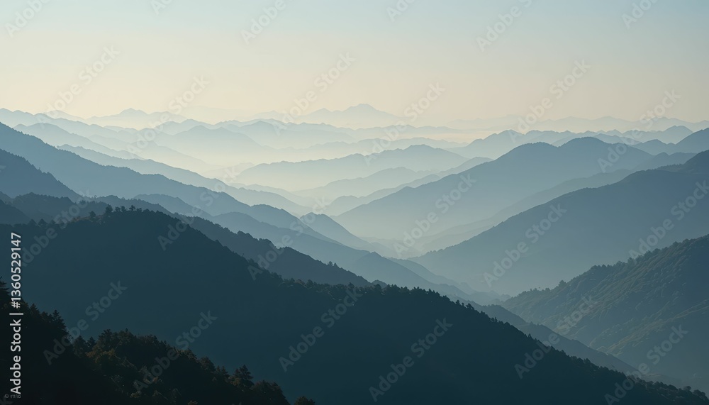 Fototapeta premium Serene Layers of Misty Mountains at Dawn in Soft Blue Hues