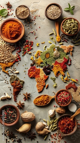 Obraz na płótnie Abstract world map of spices and spices on gray background, emphasizing the diversity of flavors. Background for culinary blogs, restaurant menus, travel guides. w salonie