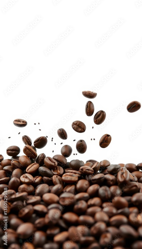 Obraz premium Dark roasted coffee beans splashing against white background, close-up, beverage, detail