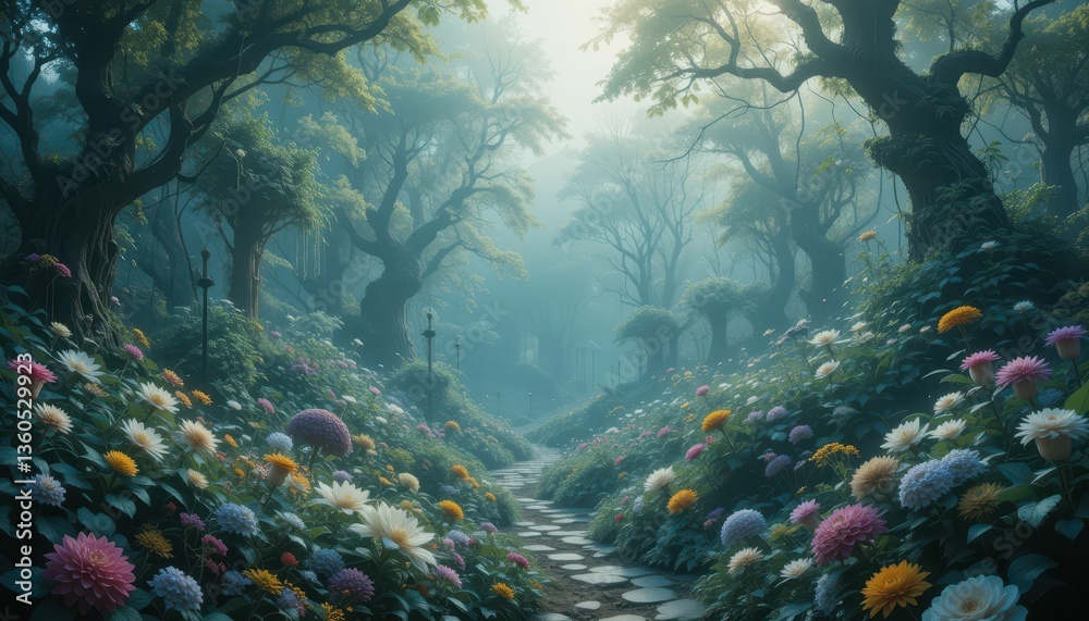 Fototapeta premium Enchanted Forest Pathway with Vibrant Flowers and Soft Light