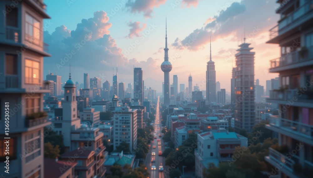 Obraz premium Sunset Over Urban Skyline with Skyscrapers and City Landscape