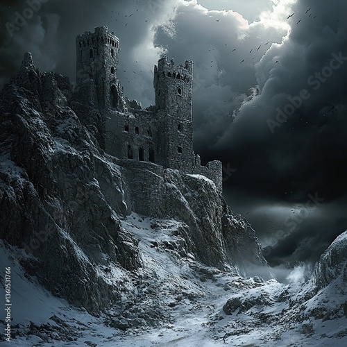 A grand castle rises majestically atop a snow-covered mountain, commanding the landscape