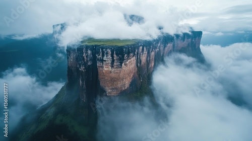Majestic Tepui Peaks Enshrouded in Mist, Breathtaking Aerial View, Unique Geological Formation