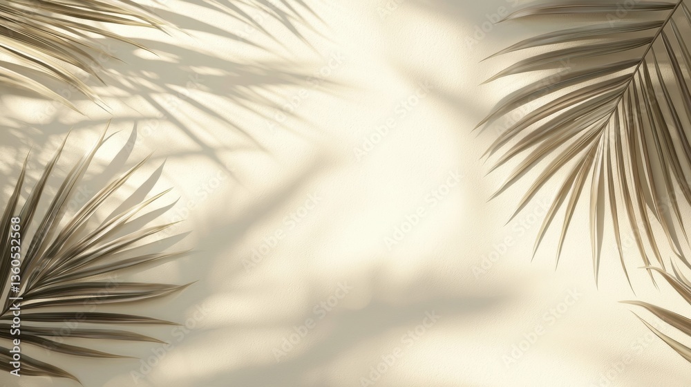 Fototapeta premium Beige background with shadow and palm leaves.