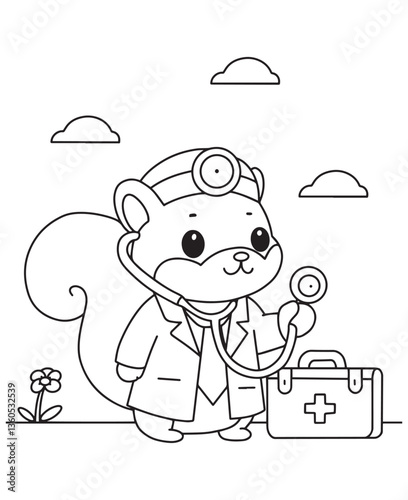 Coloring book squirrel doctor with a stethoscope and medical bag. Fun line art for coloring, featuring a health scene with flowers