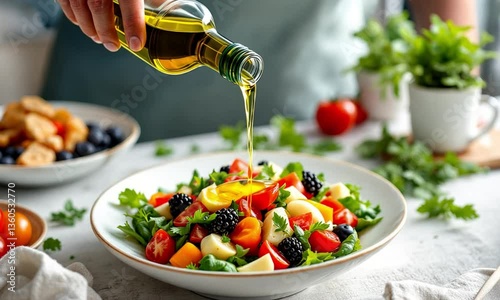Salad with olive oil drizzle: A vibrant salad, brimming with fresh ingredients, is artfully drizzled with golden olive oil, creating a tempting visual feast.