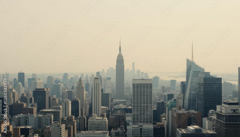 Fototapeta premium Aerial View of Manhattan Skyline with Iconic Building on a Hazy Day