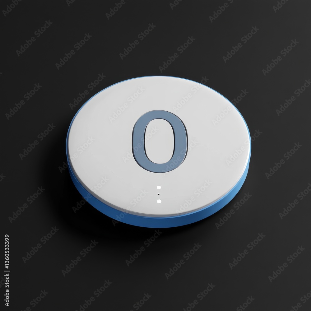 Minimalist Smart Home Device with a Blue Accent Ring Displaying a Zero, on a Dark Gray Surface Minimalist Smart Home Device with a Blue Accent Ring Displaying a Zero, on a Dark Gray Surface