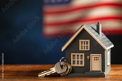 The American housing market is illustrated through house keys and the American flag, emphasizing the affordability crisis and the financial hurdles of saving for a mortgage