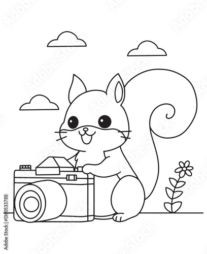Coloring book squirrel photographer with a camera and flower. Fun line art for coloring, featuring a creative scene with clouds