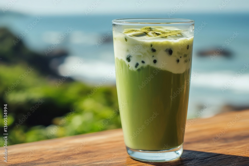 Iced matcha latte with cream and tapioca pearls overlooking tropical coast Iced matcha latte with cream and tapioca pearls overlooking tropical coast
