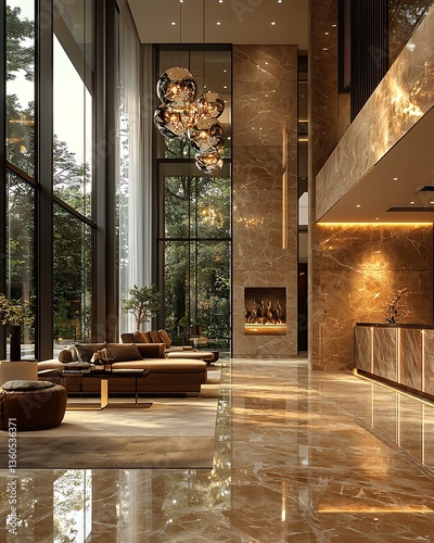 Sleek foyer furniture and marble floor high resolution image
