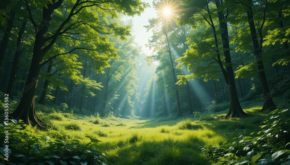 Fototapeta premium Sunlight Filtering Through Lush Green Forest Trees and Grassy Floor