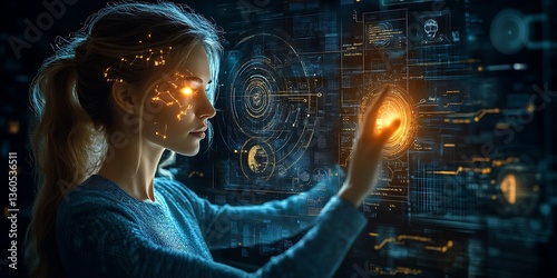 Woman interacts with futuristic tech.